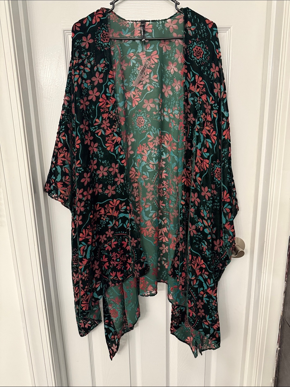 Floral Open Front Kimono — Teal & Red